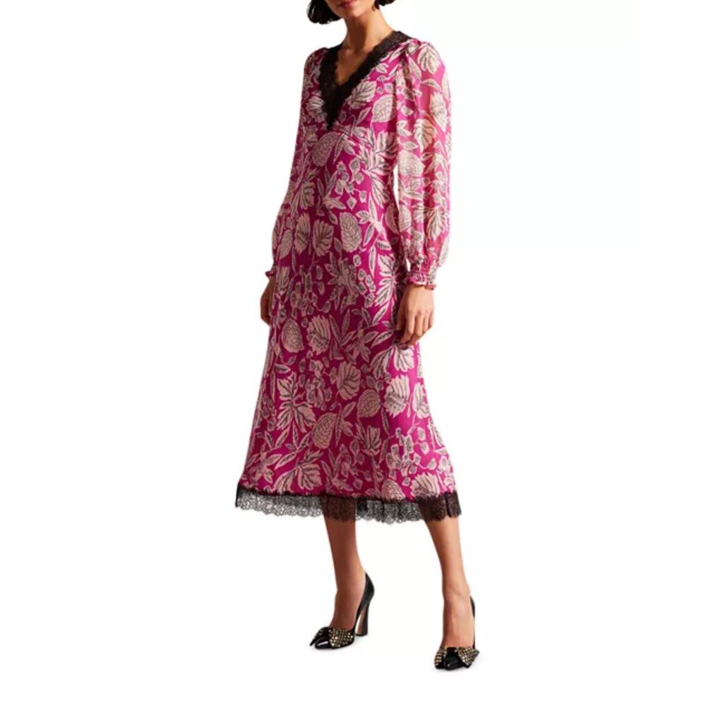 Ted Baker Izobele Long Sleeve Lace Trim Floral Print Midi Dress Size 4 Pink